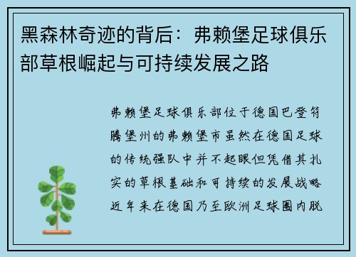 黑森林奇迹的背后：弗赖堡足球俱乐部草根崛起与可持续发展之路